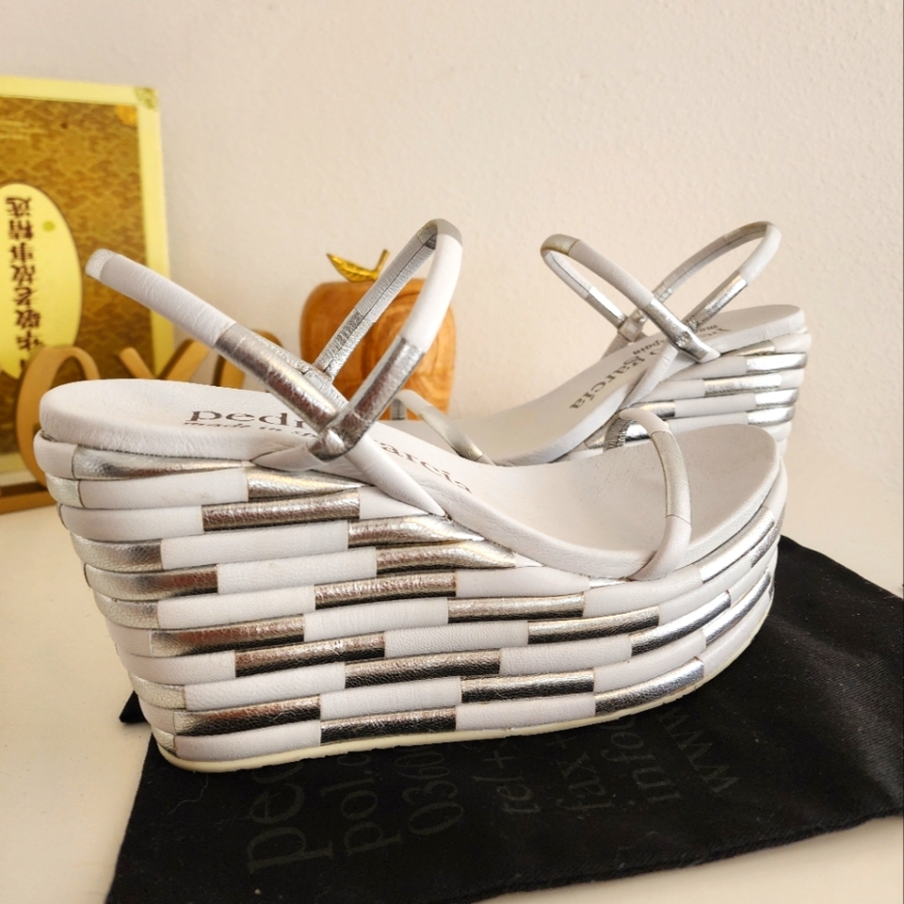 Pedro Garcia White and Silver Woven Wedge Sandals